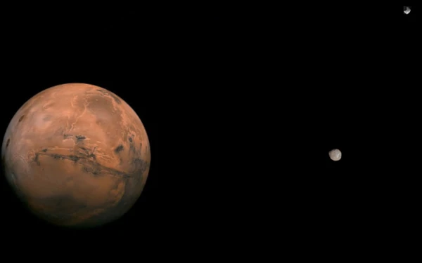Comparación visual de Fobos y Deimos con Marte al fondo