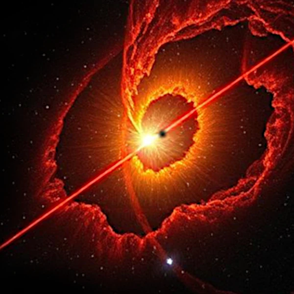 Vista artística de um quasar emitindo um jato relativista