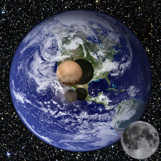 Comparaison de taille entre la Terre et Pluton et Charon