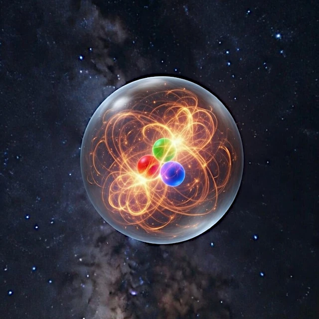 Artistic visualization of the chaotic internal structure of a proton, with its quarks and gluons interacting